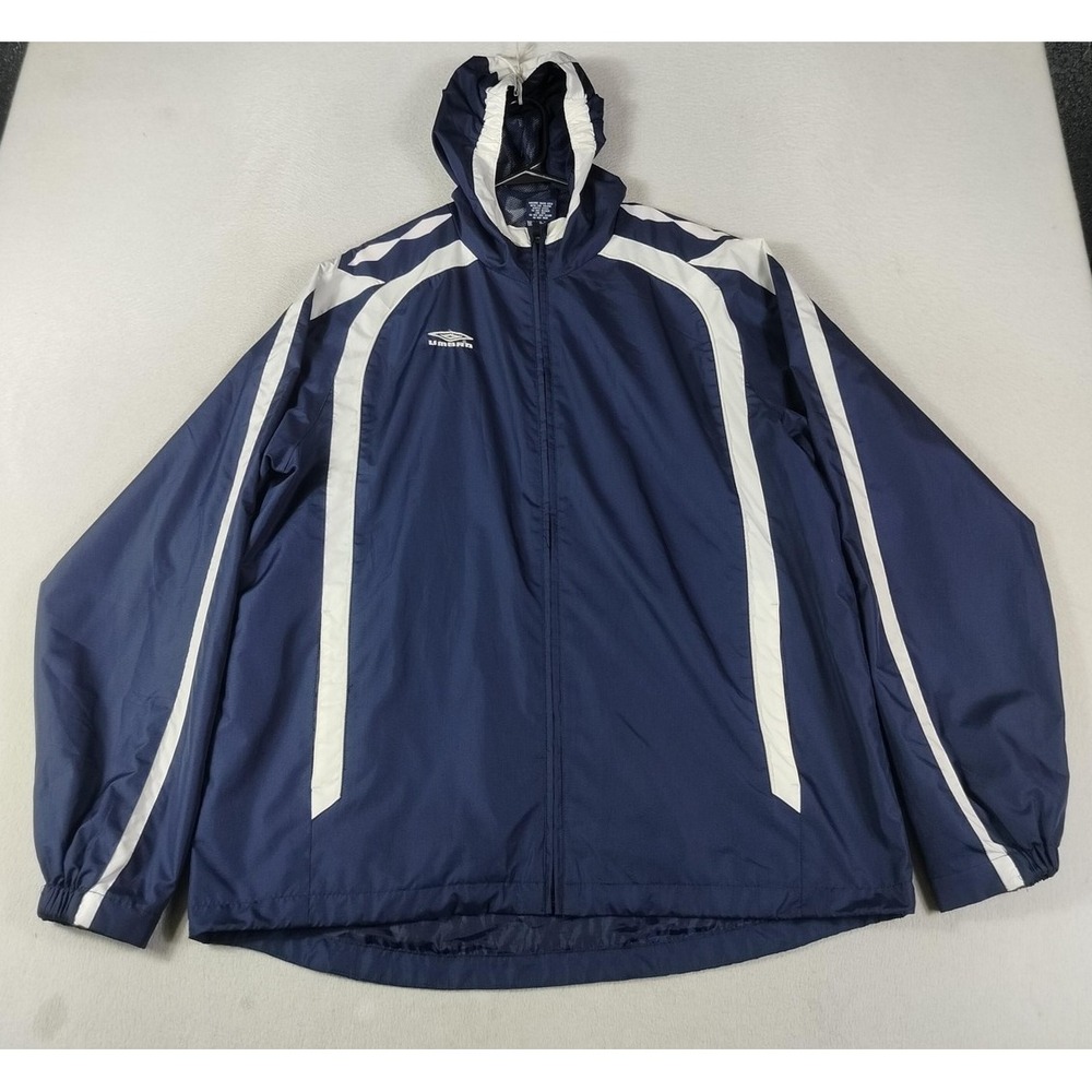 Vintage Umbro Jacket Mens Large Blue White Hooded Windbreaker Mesh Lined Soccer